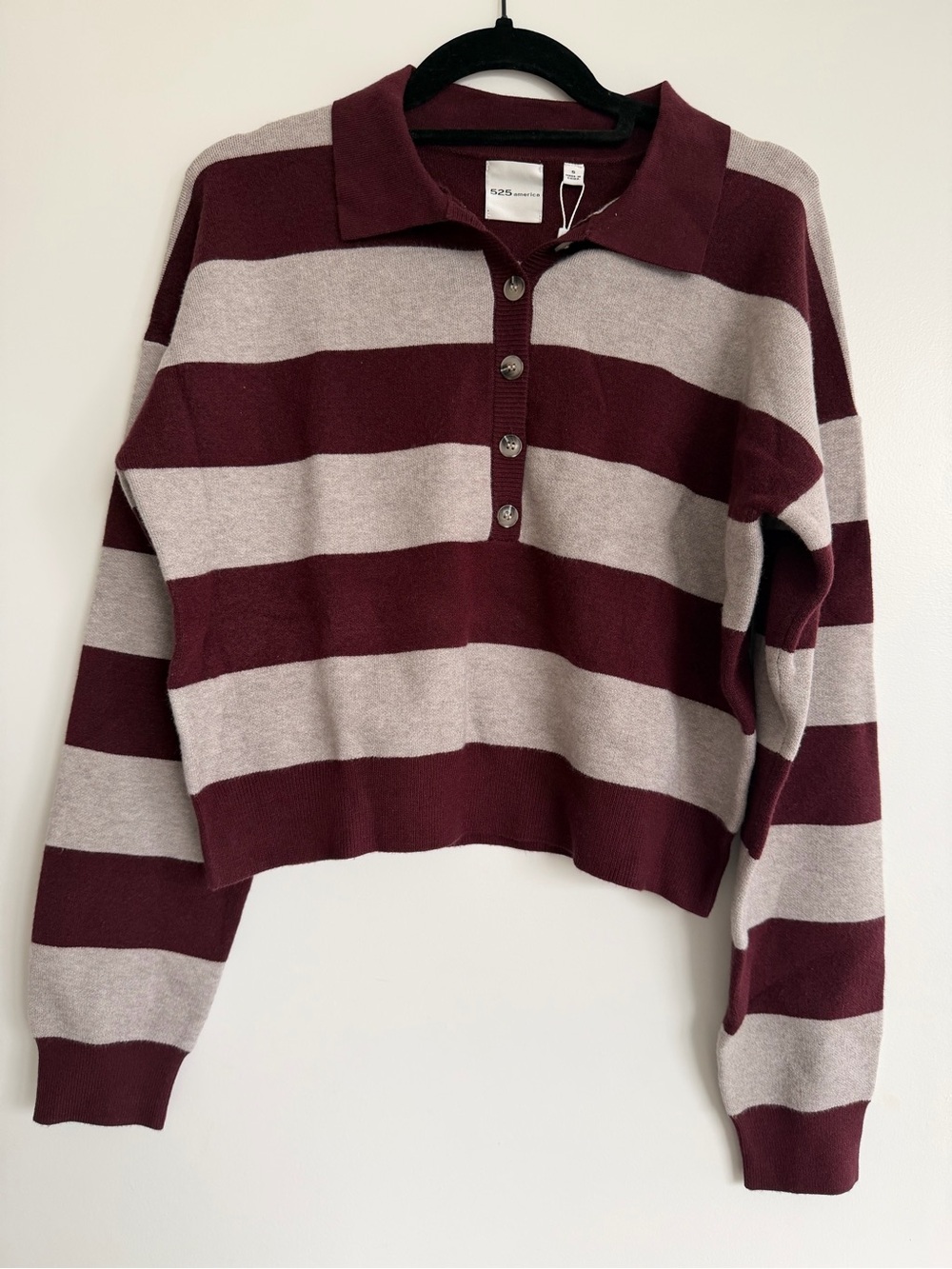 525 America Cropped Striped Polo - Burgundy and Light Gray